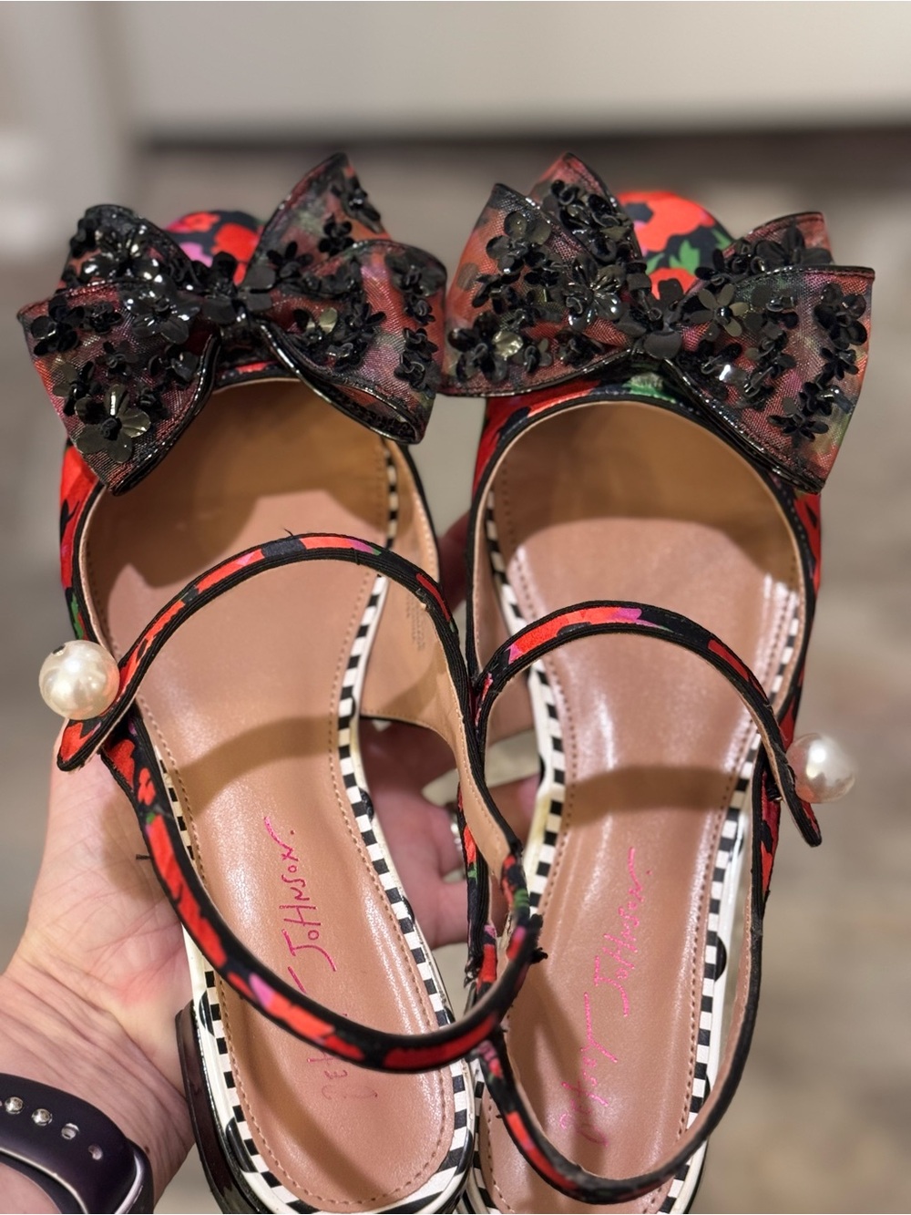Betsey Johnson Livy Black Poppy - Floral Mary Jane’s with Bow & Pearl - Picture 7 of 13